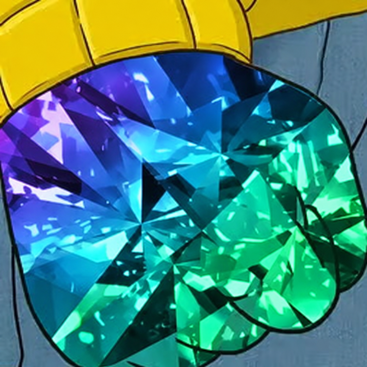 A clenched crystalline hand in violet, blue and green, beneath a yellow sleeve